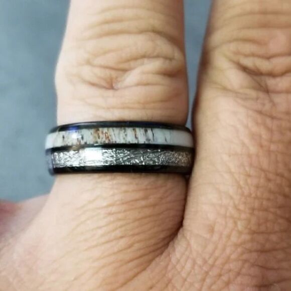 Men's Real Black Tungsten Wedding Ring Meteorite and Deer Antler Inlays - Picture 2 of 10